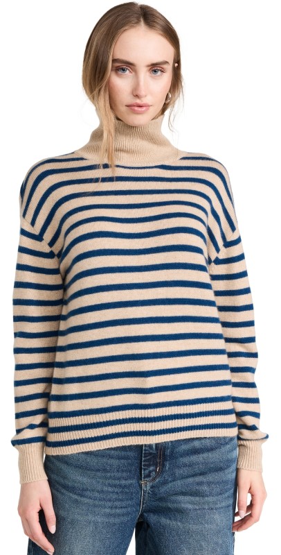 DEMYLEE Hannes Turtleneck Stripe Cashmere Sweater Teal Blue Stripe