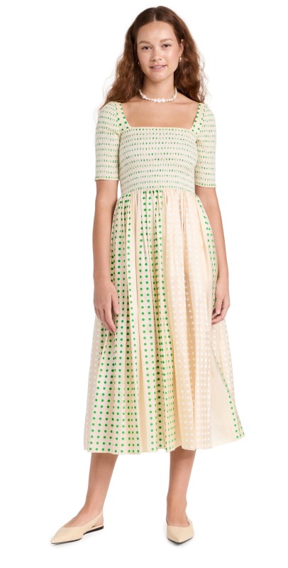 Tory Burch Printed Silk Smocked Dress Overprinted Green Polka Dot