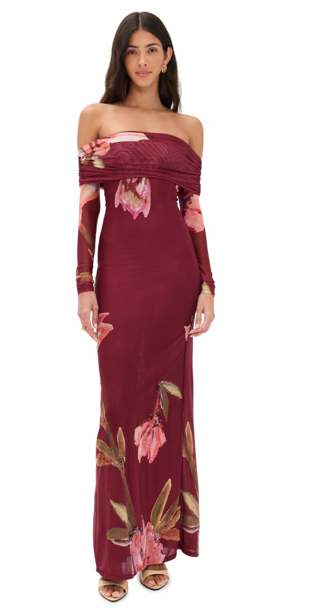 PatBO Delicata Tulle Maxi Dress Dark Red