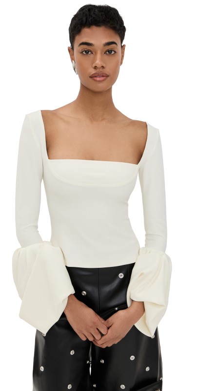 A. W.A. K.E. MODE Top With Square Decollete And Puff Cuffs Ivory