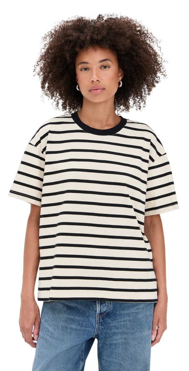 Good American Cotton Oversized Tee Black/Ecru Wide Stripe