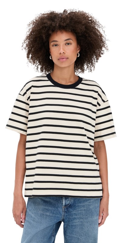 Good American Cotton Oversized Tee Black/Ecru Wide Stripe
