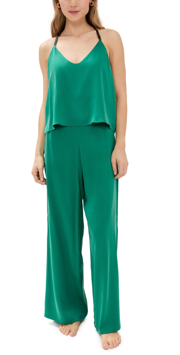Lunya Washable Silk Cami Pants Set Estuarine Green/Immersed Black
