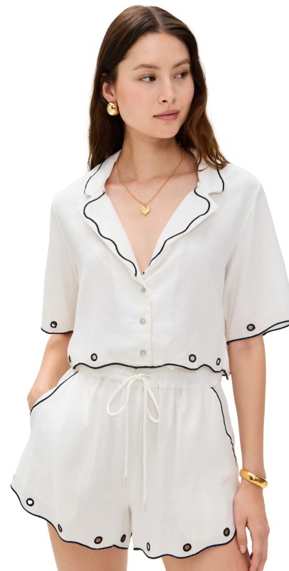 Dress To Embroidered Scallop Crop Shirt Off White