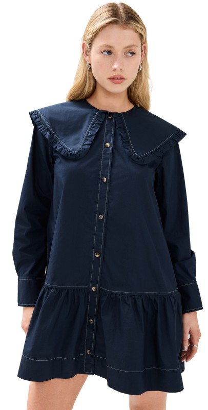 GANNI Poplin Big Collar Mini Shirt Dress Sky Captain