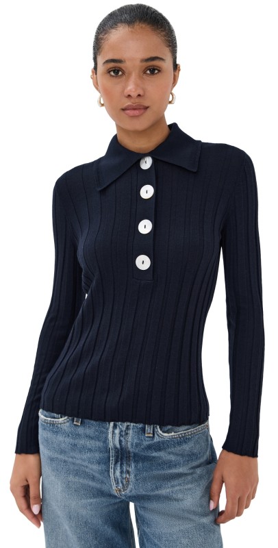 Nackiye Sugarman Knit Long Sleeve Polo Navy