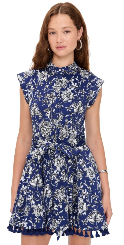 alice + olivia Lucy Cuffed Cap Sleeve Mini Shirt Dress Blooming Wild Indigo