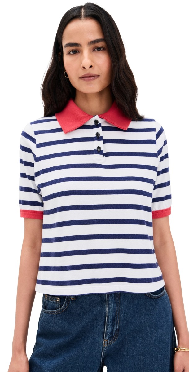 ASKK NY Cropped Polo Navy Thin Stripe