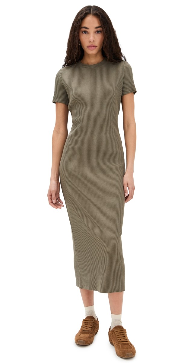Vince Rib Short Sleeve Crew Neck Dress Moss Smoke