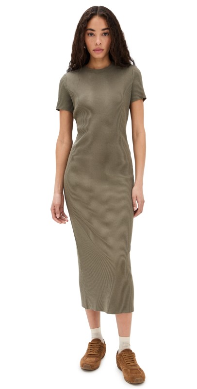 Vince Rib Short Sleeve Crew Neck Dress Moss Smoke