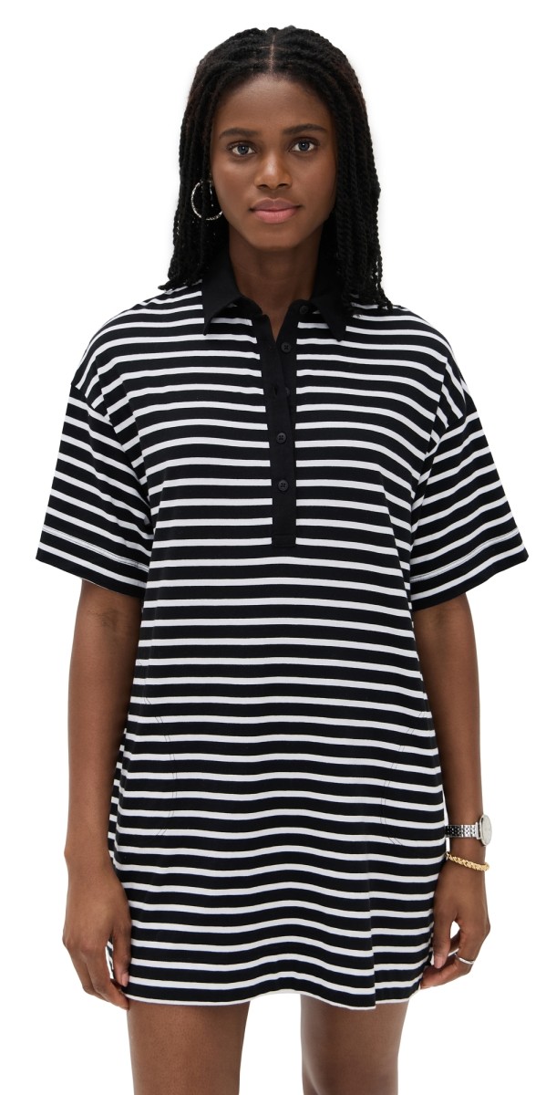 ATM Anthony Thomas Melillo Stripe Classic Short Sleeve Polo Dress Black/White