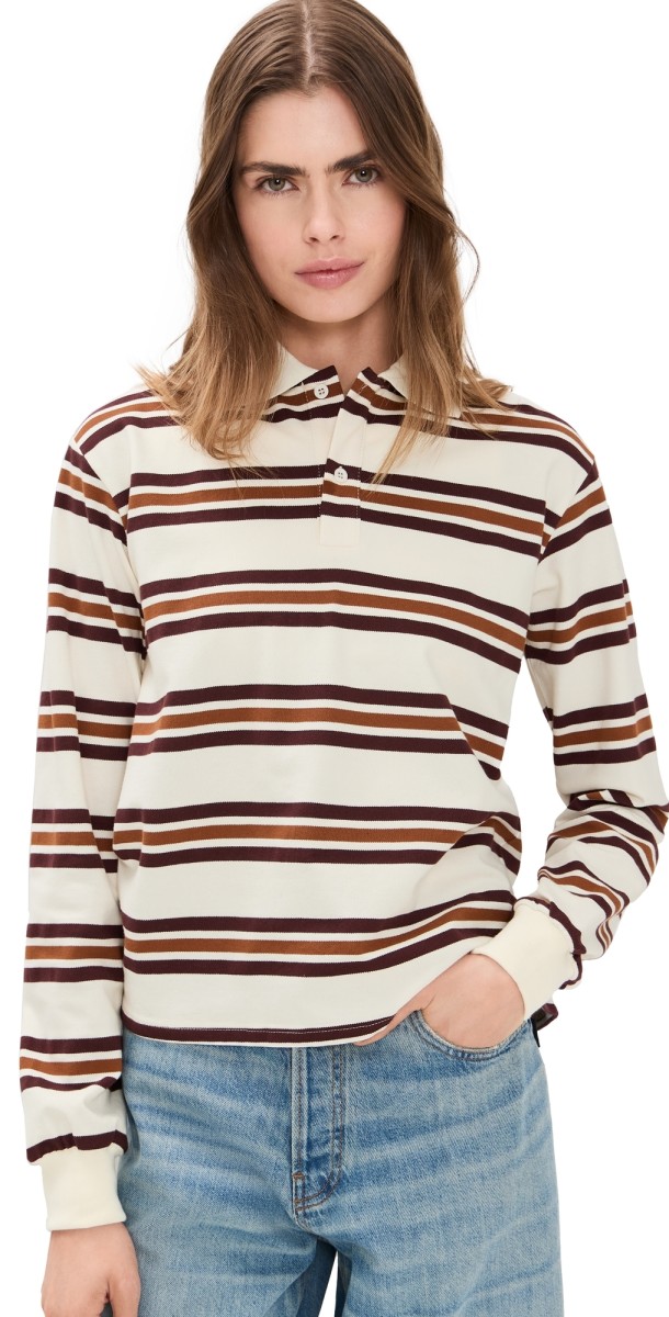 Lioness Leisure Long Sleeve Polo Coffee Stripe