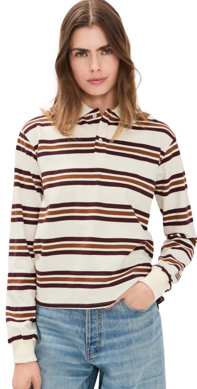 Lioness Leisure Long Sleeve Polo Coffee Stripe