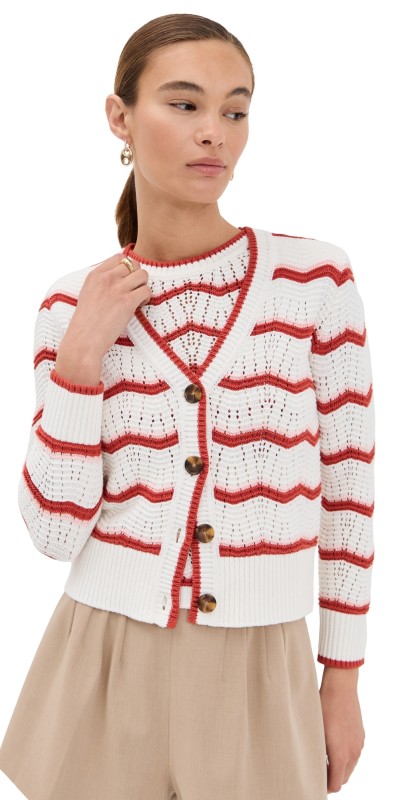 Veronica Beard Ansonia Cardigan Off White/Pink Shell/Persimmon