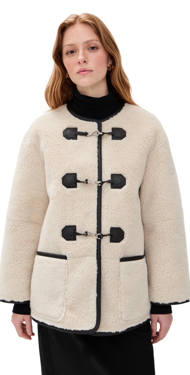 DUNST Collarless Buckled Shearling Jacket Cream