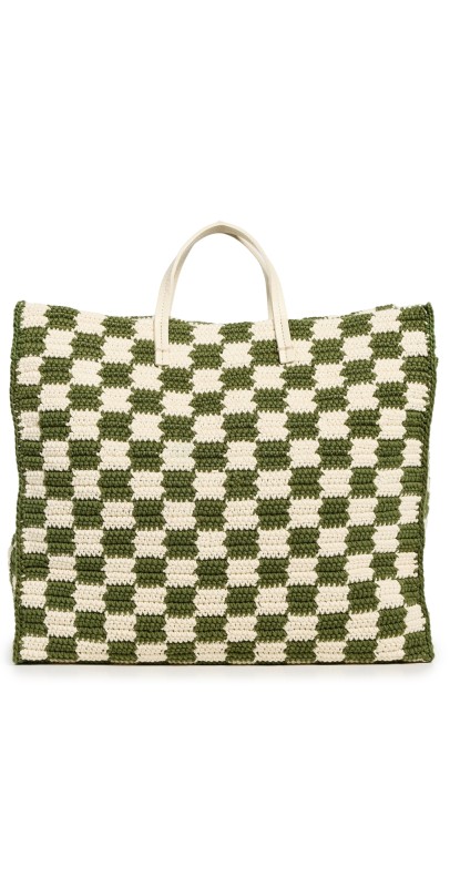 Clare V. Summer Simple Tote Olive & Cream Crochet Checker