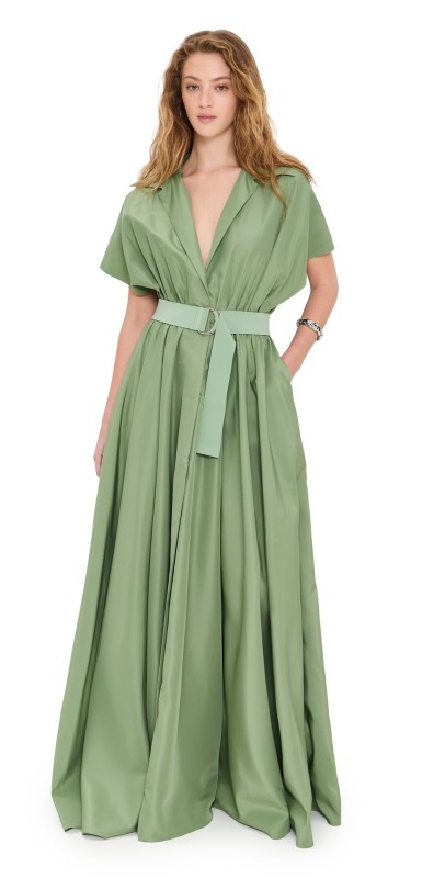 Norma Kamali Belted Flared Maxi Dress Vintage Green