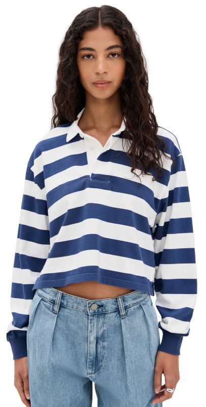 Denimist Rugby Long Sleeve Tee Blue/Ecru Wide Stripe