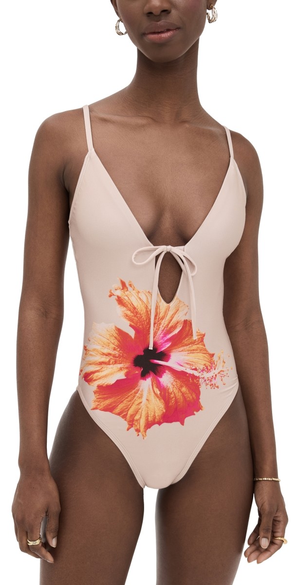 Good American Satin Deep Dive One Piece Champagne Tropical Hibiscus
