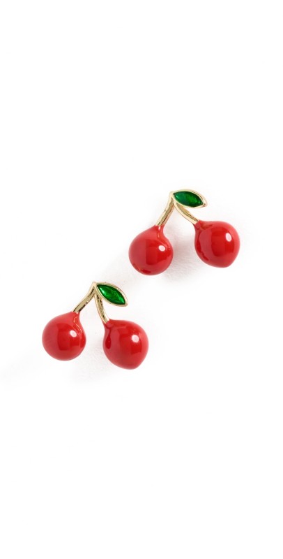 By Adina Eden Red Enamel and Green CZ Cherry Stud Earrings Gold
