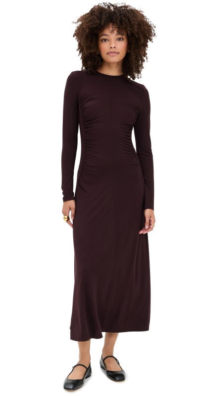 Vince Crew Curved Seam Rouched Dress Dk Fig