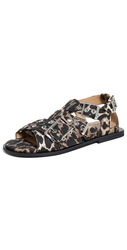 GANNI Buckle Flat Strap Sandals Leopard