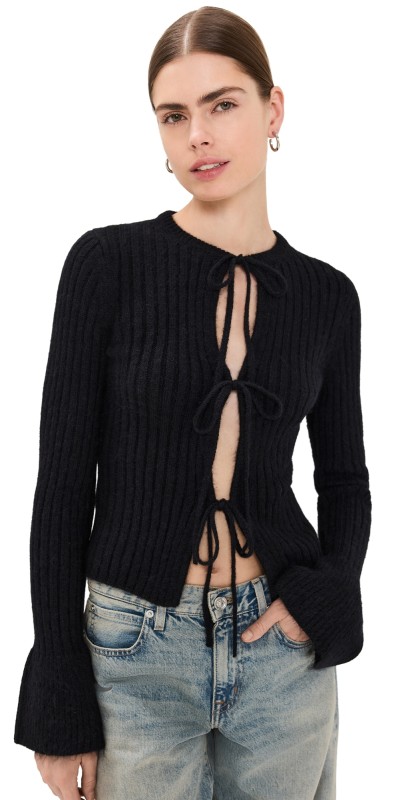 Reformation Rebecca Cashmere Blend Tie Front Cardigan Black