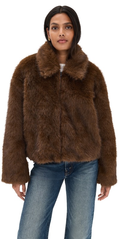 BARDOT Sylvie Zip Faux Fur Jacket Chocolate
