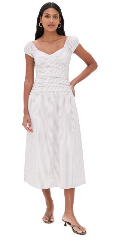 WAYF Ruched Waist Midi Dress Mocha/Ivo Pinstripe