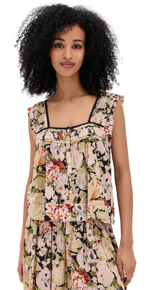 THE GREAT. The Victorian Pleat Tank Vintage Rose Print