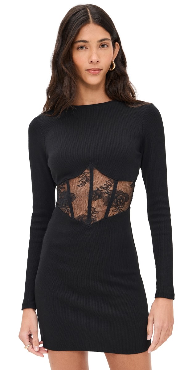 Fleur du Mal Rib and Bouquet Lace Boned Dress Black