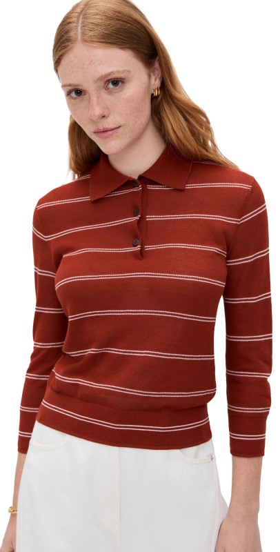 Vince Striped Pique Polo Brick Rose/Off White