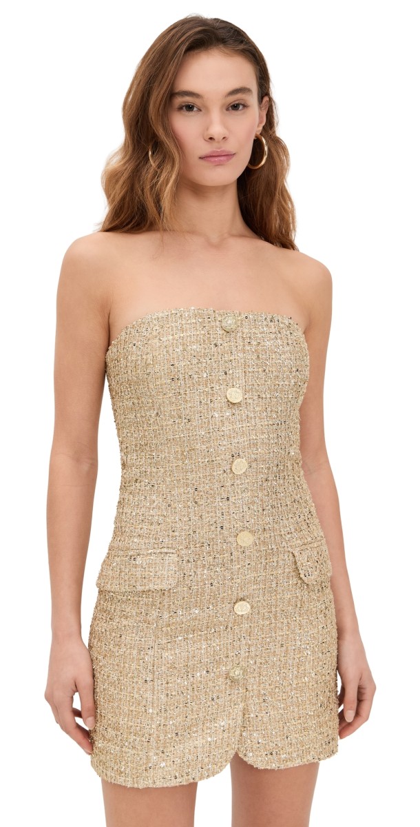 alice + olivia Madison Strapless Button Down Mini Blazer Dress Pale Gold