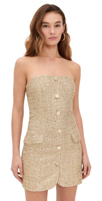 alice + olivia Madison Strapless Button Down Mini Blazer Dress Pale Gold