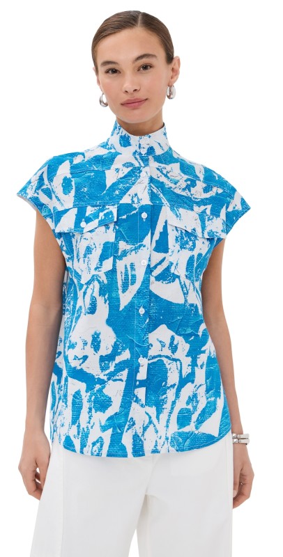 Stella Jean Short Sleeve Button Up Top Blue Floral