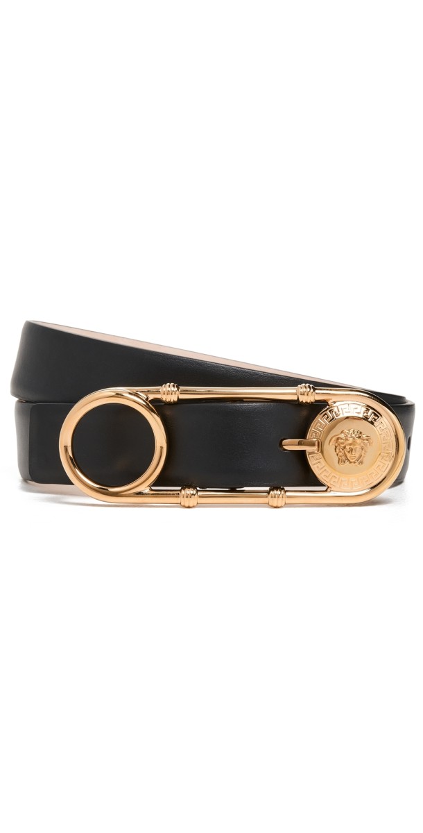 Versace Safety Pin Leather Belt Black-Versace Gold