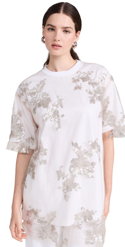 Marques Almeida White Relaxed Fit T-Shirt with Silver Embroidered Tulle Overlayer White/Embroidery