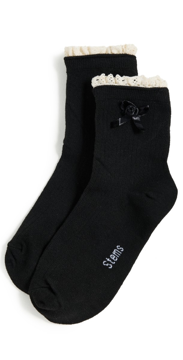 Stems 90s Flower and Bow Crew Socks Black