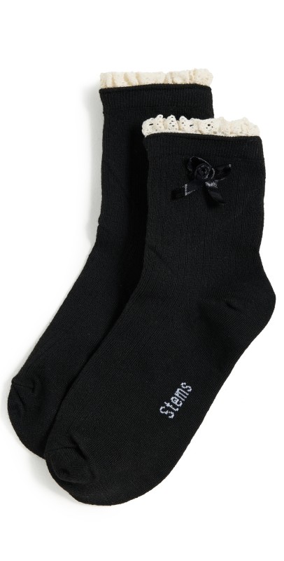 Stems 90s Flower and Bow Crew Socks Black