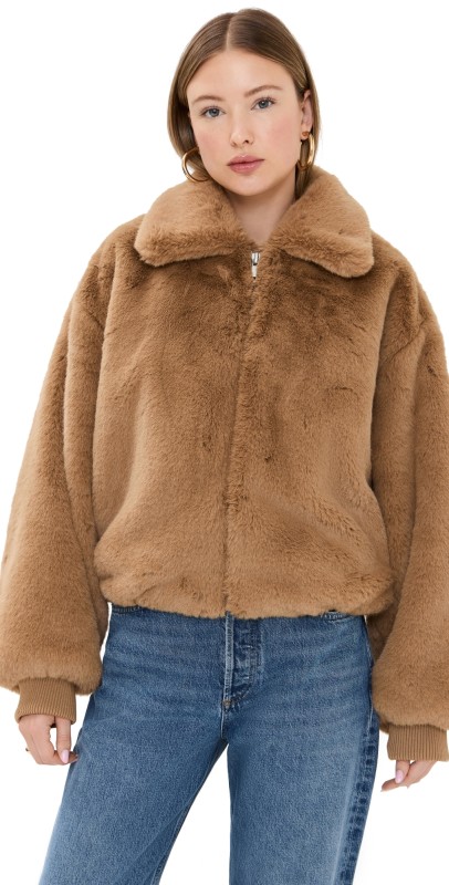 Good American Faux Fur Collared Coat Warm Caramel003