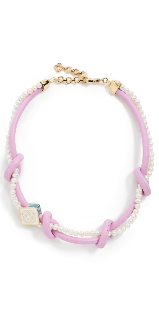 Casablanca Knotted Leather & Gold Plated Pearl Necklace Pink & Whit