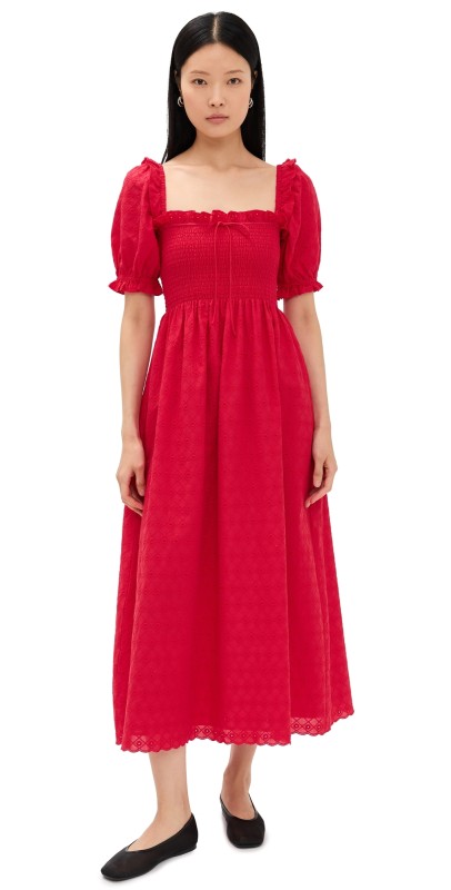 Hill House Home The Scarlett Midi Nap Dress Red Daisy Check Eyelet
