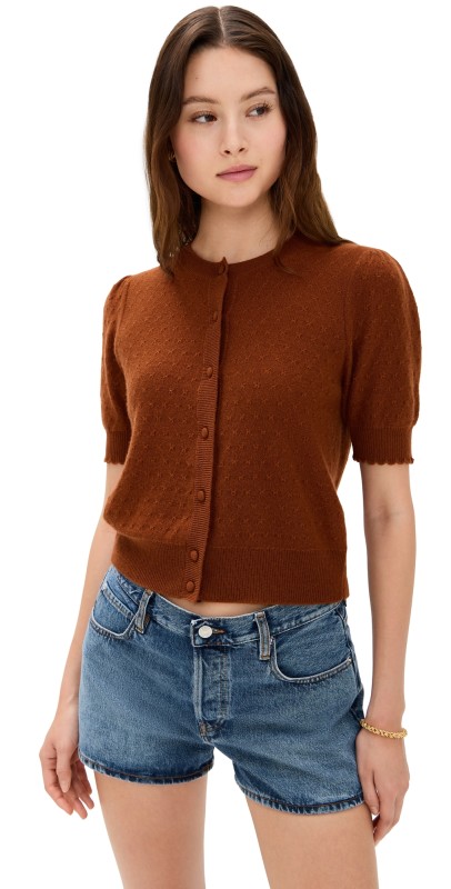 FRAME The Cashmere Pointelle Cardi Chestnut