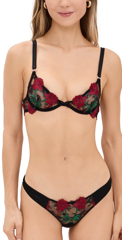 Fleur du Mal Bleeding Rose Embroidery Demi Bra Black