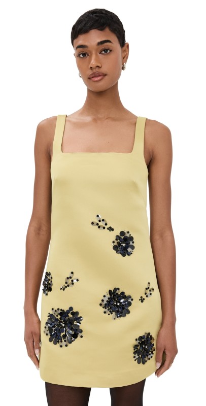 Tanya Taylor Barton Embellished Satin Dress Chartreuse