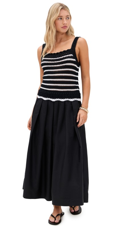 Madewell Poplin Crocheted Knit Midi Dress Jet Black And White Combo
