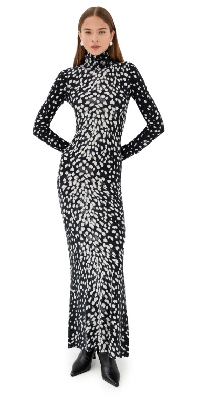 Brandon Maxwell The Camille Hand Printed Cashmere Turtleneck Dress Snow Leopard