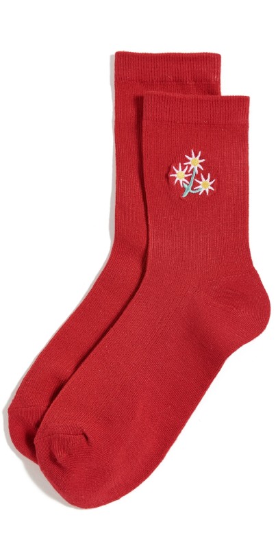 Stems Triple Daisy Embroidered Crew Socks Red
