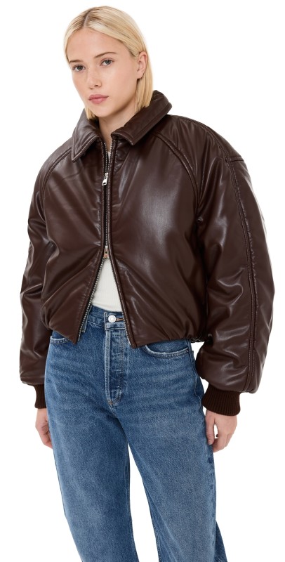 AGOLDE Tate Padded Faux Leather Bomber Jacket Espresso