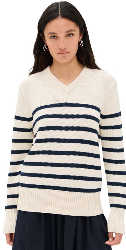Jenni Kayne Cotton Kate V Neck Pullover Ivory/Navy Stripe